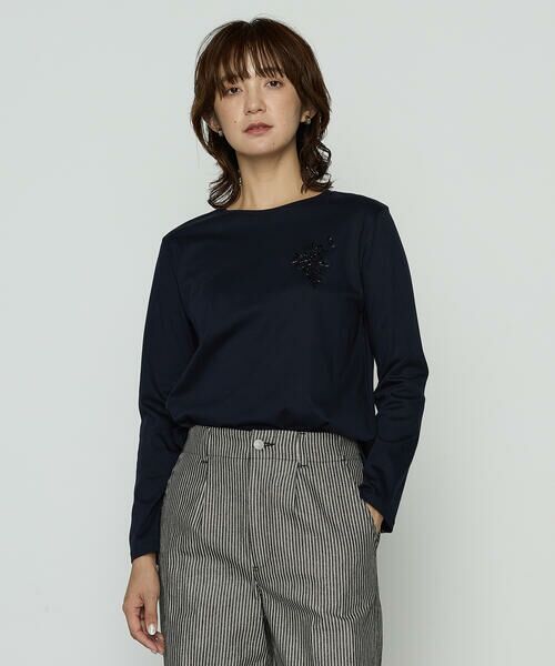 COMME CA PLATINUM/コムサ・プラチナ スーピマバイオシルスムース ビジュー刺繍Tシャツ 09:ネイビー 11号 COMME CA PLATINUM/コムサ・プラチナ スーピマバイオシルスムース ビジュー刺繍Tシャツ 09:ネイビー 11号