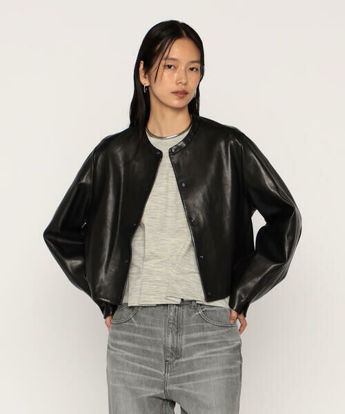 COMME CA PLATINUM / コムサ・プラチナ ノーカラージャケット | トルコラムレザー ノーカラージャケット(05:ランプブラック)