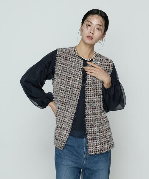 COMME CA PLATINUM / コムサ・プラチナ ベスト | ファンシーツイード キーネックカラージレ | 詳細18