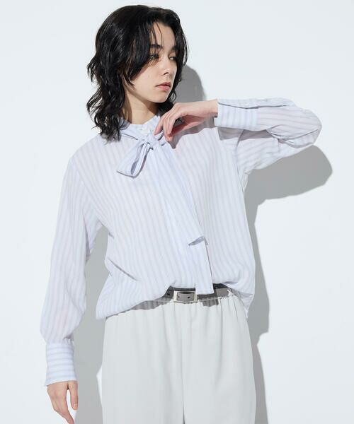 COMME CA PLATINUM / コムサ・プラチナ シャツ・ブラウス | リヨセルストライプ ボウタイブラウス(03:ライトグレー)
