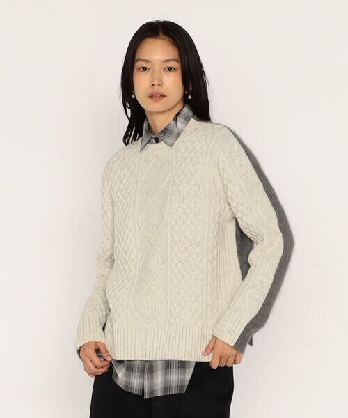 COMME CA PLATINUM / コムサ・プラチナ ニット・セーター | アラン×ラクーンシルクコンビ プルオーバー(03:ライトグレー)