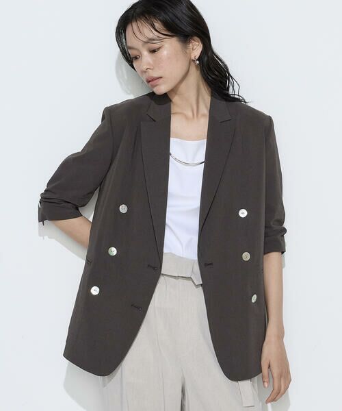 COMME CA PLATINUM / コムサ・プラチナ テーラードジャケット | リネン／トリアセテートストレッチ ダブルブレストジャケット（14:ブラウン）