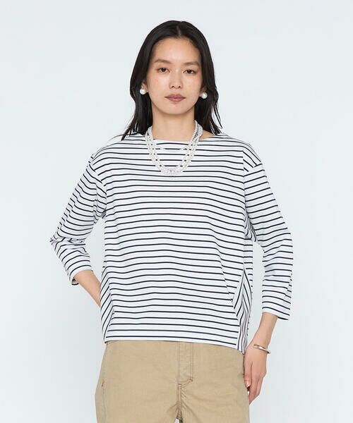 COMME CA PLATINUM / コムサ・プラチナ カットソー | スーピマコットンポンチ プルオーバー（09:ホワイト×ネイビーボーダー）