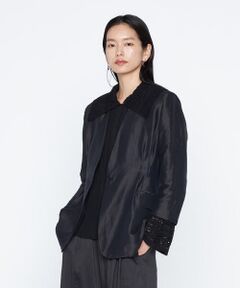 COMME CA PLATINUM / コムサ・プラチナ ノーカラージャケット | 《セットアップ対応》リネン×シルクツイル ノーカラー タックジャケット