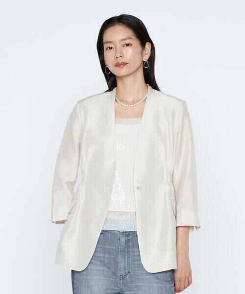 COMME CA PLATINUM / コムサ・プラチナ ノーカラージャケット | 《セットアップ対応》リネン×シルクツイル ノーカラー タックジャケット（15:亜麻）