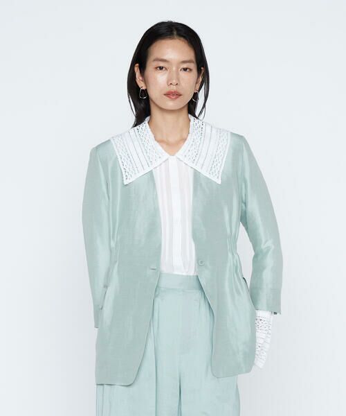 COMME CA PLATINUM / コムサ・プラチナ ノーカラージャケット | 《セットアップ対応》リネン×シルクツイル ノーカラー タックジャケット（21:セージグリーン）