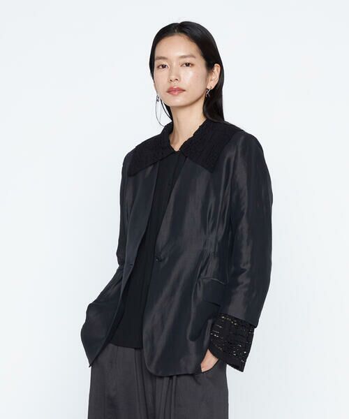 COMME CA PLATINUM / コムサ・プラチナ ノーカラージャケット | 《セットアップ対応》リネン×シルクツイル ノーカラー タックジャケット（59:ネイビーブラック）