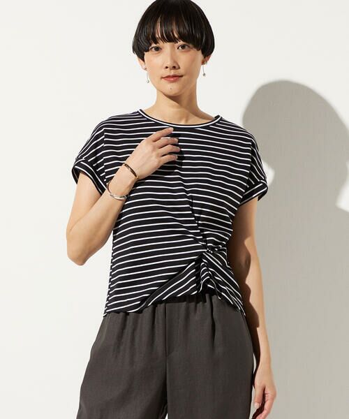 COMME CA PLATINUM S-SIZE / コムサ・プラチナ エスサイズ カットソー | 〔 Sサイズ 〕 コットン強撚ポンチ デザインタックシャツ（05:ブラック×ホワイトボーダー）