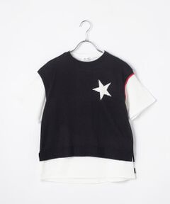 〔140cm〜〕【レイヤード】Ｔシャツ付きドロップショルダーニットベスト