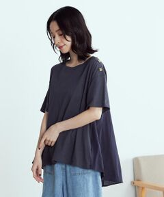 COMME CA ISM / コムサイズム カットソー | ショルダー釦 バックフレア 異素材切り替え Tシャツ