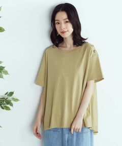 ショルダー釦 バックフレア 異素材切り替え Tシャツ