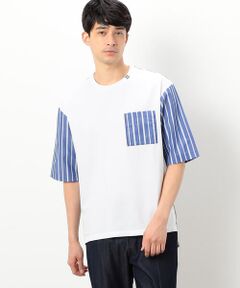 シルケットコットン天竺　ストライプ柄　布帛コンビ　5分袖　Tシャツ