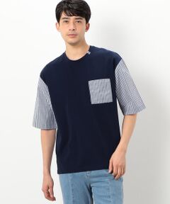 シルケットコットン天竺　ストライプ柄　布帛コンビ　5分袖　Tシャツ