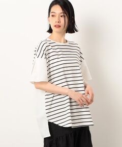 ボーダー　異素材ドッキング　バック　フレアＴシャツ