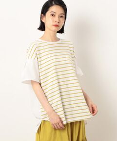 ボーダー　異素材ドッキング　バック　フレアＴシャツ