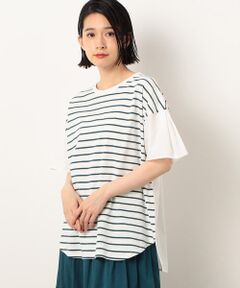 ボーダー　異素材ドッキング　バック　フレアＴシャツ