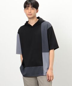 カラーブロック パッチワーク フードＴシャツ