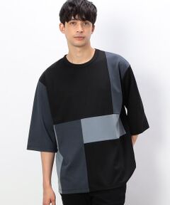 ７分袖 カラーブロック パッチワークＴシャツ