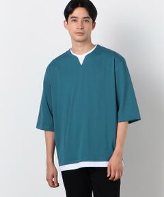 ７分袖 フェイクレイヤード キーネックＴシャツ