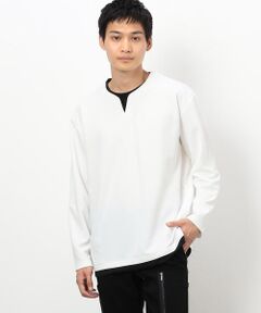 タテ畝ストレッチポンチ  フェイクレイヤード キーネックＴシャツ（長袖）