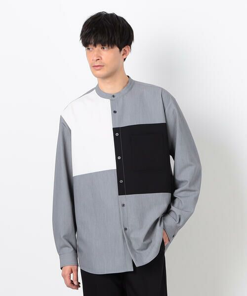 COMME CA ISM/コムサイズム ウールライク ブロッキング バンドカラー シャツ グレー L COMME CA ISM/コムサイズム ウールライク ブロッキング バンドカラー シャツ グレー L