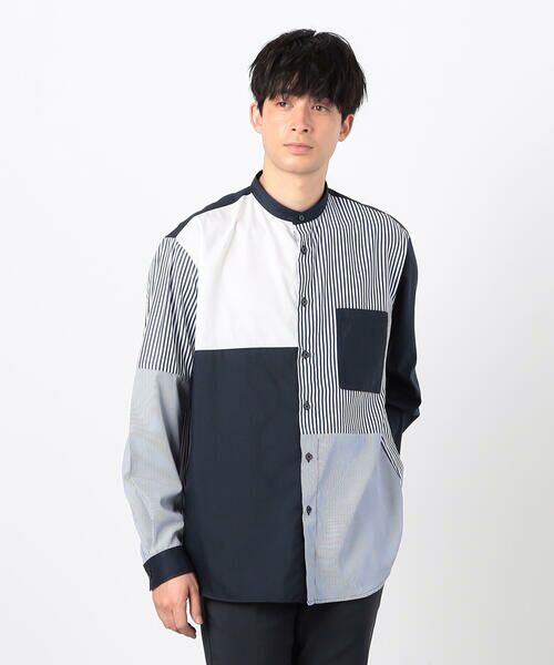 COMME CA ISM/コムサイズム ストライプ コンビ バンドカラー シャツ ネイビー L COMME CA ISM/コムサイズム ストライプ コンビ バンドカラー シャツ ネイビー L