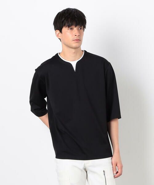 COMME CA ISM/コムサイズム フェイクレイヤード キーネックTシャツ 七分袖 ブラック XL COMME CA ISM/コムサイズム フェイクレイヤード キーネックTシャツ 七分袖 ブラック XL