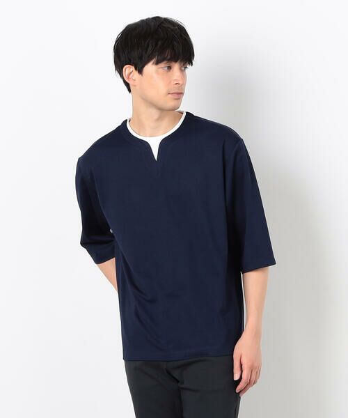COMME CA ISM/コムサイズム フェイクレイヤード キーネックTシャツ 七分袖 ネイビー M COMME CA ISM/コムサイズム フェイクレイヤード キーネックTシャツ 七分袖 ネイビー M