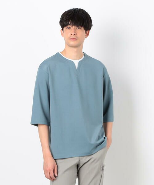 COMME CA ISM/コムサイズム フェイクレイヤード キーネックTシャツ 七分袖 ブルー M COMME CA ISM/コムサイズム フェイクレイヤード キーネックTシャツ 七分袖 ブルー M
