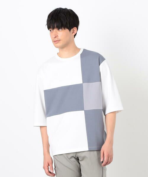 COMME CA ISM/コムサイズム 七分袖 カラーブロック パッチワークTシャツ ホワイト L COMME CA ISM/コムサイズム 七分袖 カラーブロック パッチワークTシャツ ホワイト L