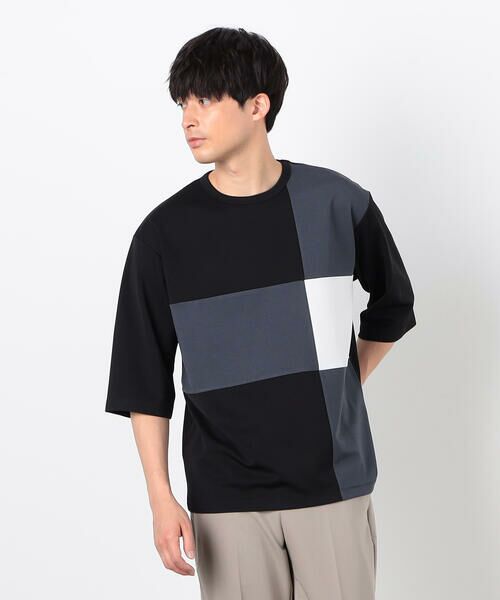 COMME CA ISM/コムサイズム 七分袖 カラーブロック パッチワークTシャツ ブラック XL COMME CA ISM/コムサイズム 七分袖 カラーブロック パッチワークTシャツ ブラック XL