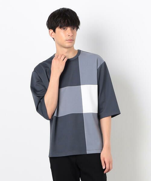 COMME CA ISM/コムサイズム 七分袖 カラーブロック パッチワークTシャツ チャコール L COMME CA ISM/コムサイズム 七分袖 カラーブロック パッチワークTシャツ チャコール L