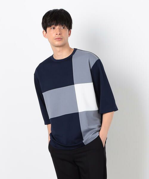 COMME CA ISM/コムサイズム 七分袖 カラーブロック パッチワークTシャツ ネイビー XL COMME CA ISM/コムサイズム 七分袖 カラーブロック パッチワークTシャツ ネイビー XL