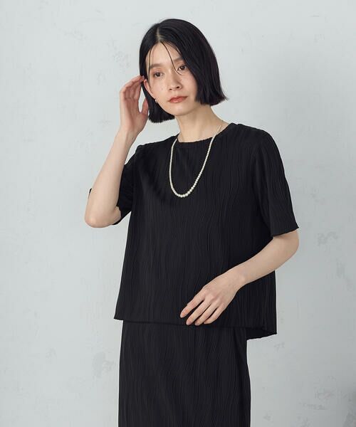COMME CA ISM/コムサイズム クルーネック ストレッチプリーツカットソー / セットアップ対応 ブラック M COMME CA ISM/コムサイズム クルーネック ストレッチプリーツカットソー / セットアップ対応 ブラック M
