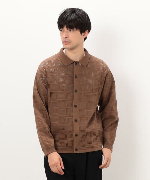 COMME CA ISM/コムサイズム メッシュ編み ポロカーディガン ブラウン M COMME CA ISM/コムサイズム メッシュ編み ポロカーディガン ブラウン M