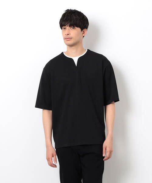 COMME CA ISM/コムサイズム 半袖 フェイクレイヤード キーネックTシャツ ブラック L COMME CA ISM/コムサイズム 半袖 フェイクレイヤード キーネックTシャツ ブラック L