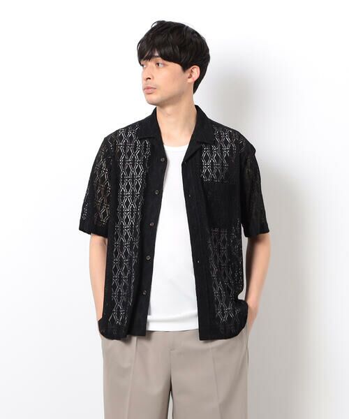 COMME CA ISM / コムサイズム シャツ・ブラウス | 透かし柄レース オープンカラーシャツ(ブラック)