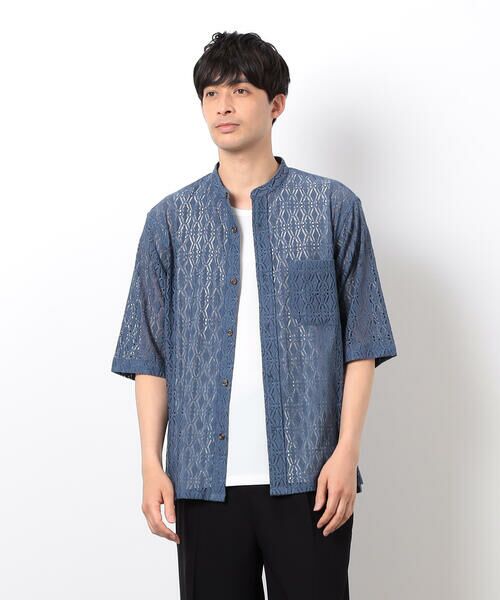 COMME CA ISM / コムサイズム シャツ・ブラウス | 透かし柄レース 五分袖 バンドカラーシャツ(ブルー)