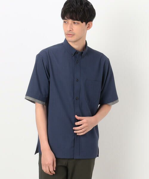 COMME CA ISM / コムサイズム シャツ・ブラウス | フェイクレイヤー リネンライクストレッチ 半袖 ボタンダウンシャツ(ブルー)