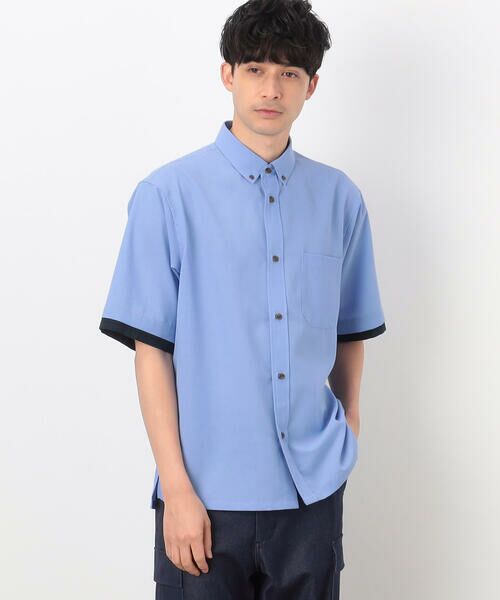COMME CA ISM / コムサイズム シャツ・ブラウス | フェイクレイヤー リネンライクストレッチ 半袖 ボタンダウンシャツ(サックス)
