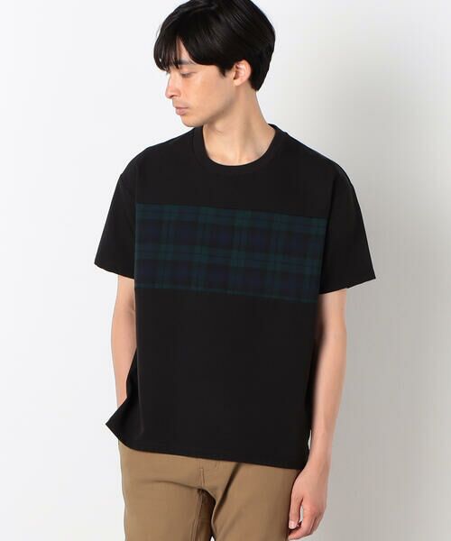 COMME CA ISM / コムサイズム Tシャツ | チェック切り替え スムースタッチ 布帛Tシャツ(ブラック)