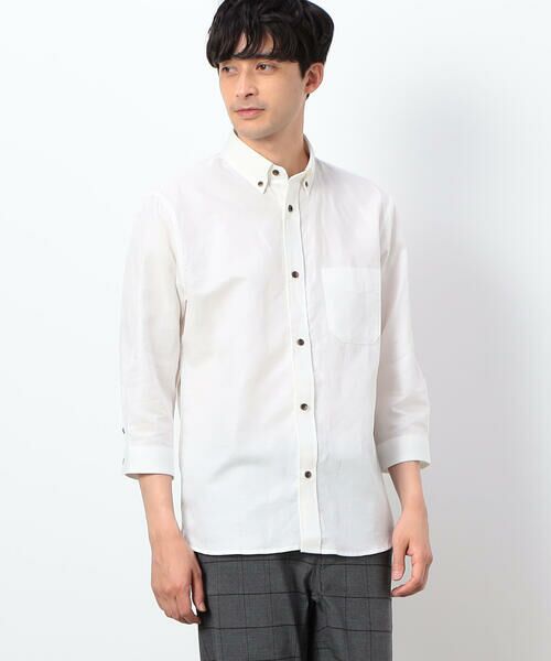 COMME CA ISM / コムサイズム シャツ・ブラウス | ハードマンズリネン スーピマコットン 7分袖 ボタンダウンシャツ(ホワイト)