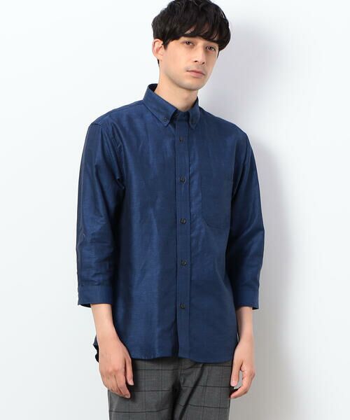 COMME CA ISM / コムサイズム シャツ・ブラウス | ハードマンズリネン スーピマコットン 7分袖 ボタンダウンシャツ(ネイビー)