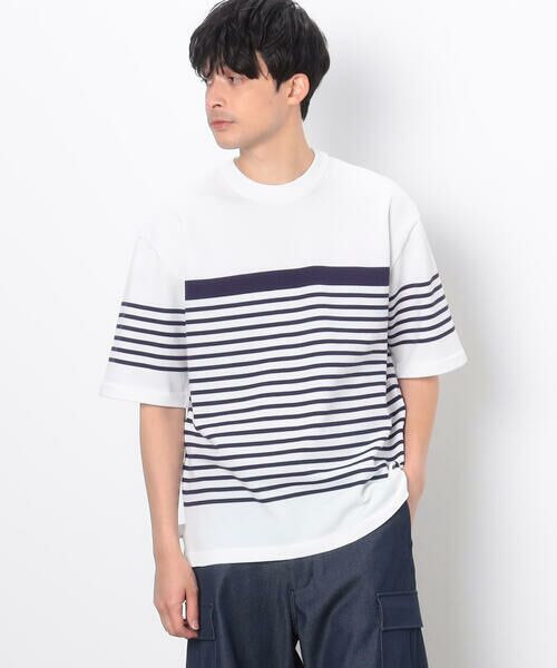 COMME CA ISM / コムサイズム Tシャツ | ウォッシャブル ボーダーニットTシャツ(ネイビー)