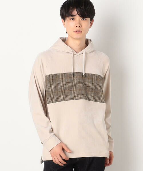 COMME CA ISM / コムサイズム パーカー | シェニールヤーン チェック切り替え プルパーカ(アイボリー)