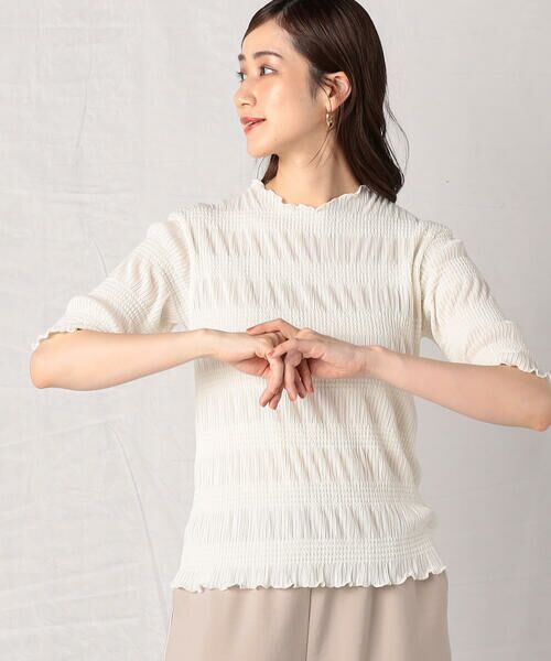 COMME CA ISM / コムサイズム カットソー | シャーリング5分袖カットソー(オフホワイト)