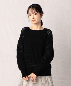 COMME CA ISM / コムサイズム ニット・セーター | メリノウール混 透かしボーダー柄 ドロップショルダーニット