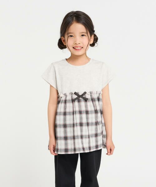 COMME CA ISM/コムサイズム ワッシャーチェック使い デザインTシャツ オートミール 140cm COMME CA ISM/コムサイズム ワッシャーチェック使い デザインTシャツ オートミール 140cm