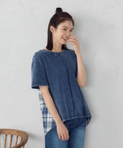 COMME CA ISM / コムサイズム カットソー | インディゴチェック　バックフレアＴシャツ / セットアップ対応