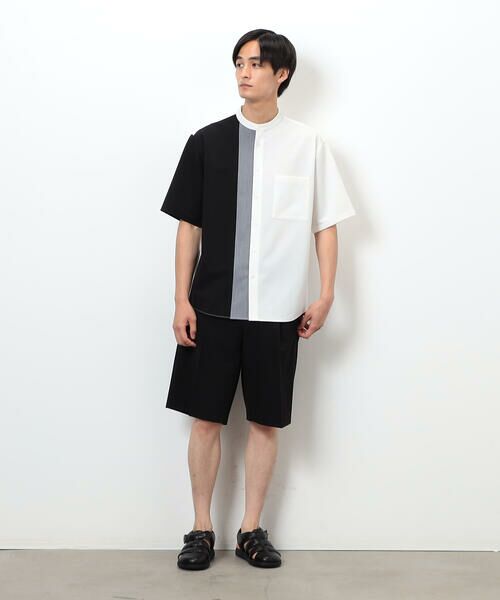 COMME CA ISM / コムサイズム シャツ・ブラウス | ウールライク バンドカラー ブロッキング半袖シャツ | 詳細1